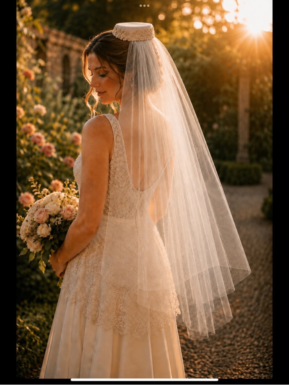 Vintage ivory bridal veil with pill hat and lace-trimmed comb. - Picture 3 of 10
